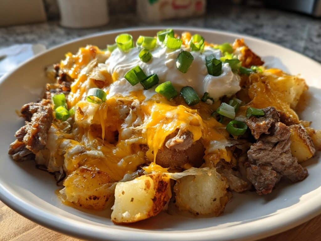 A plate of Crockpot Loaded Steak Potato Bake topped with cheese, sour cream, and green onions.
