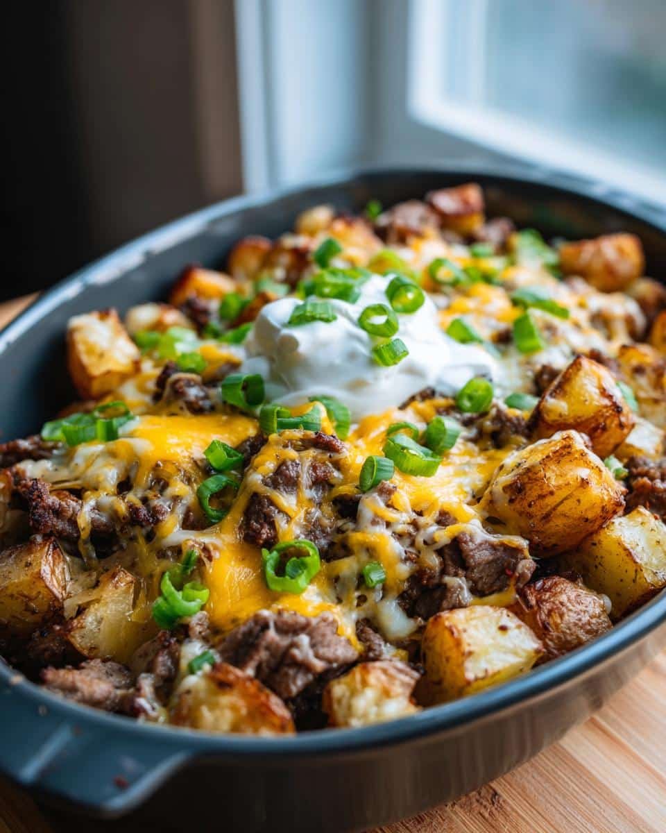 Devastating Crockpot Loaded Steak Potato Bake in 7 Steps 6 A delicious Crockpot Loaded Steak Potato Bake topped with sour cream and green onions.