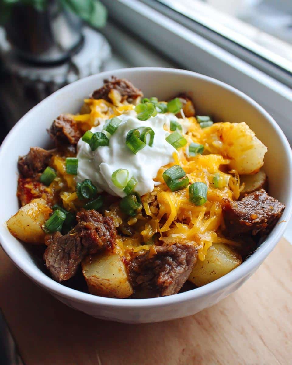 Devastating Crockpot Loaded Steak Potato Bake in 7 Steps 9 A bowl of Crockpot Loaded Steak Potato Bake, topped with cheese, sour cream, and green onions.