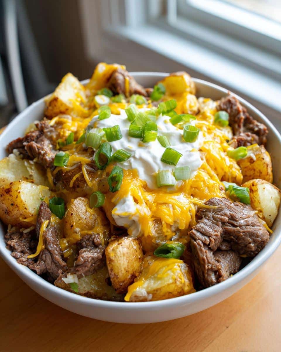 Devastating Crockpot Loaded Steak Potato Bake in 7 Steps 7 A bowl of Crockpot Loaded Steak Potato Bake with potatoes, steak, cheese, sour cream, and green onions.