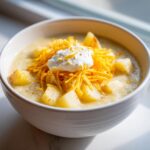 A bowl of creamy Crockpot Potato Soup topped with shredded cheese and a dollop of sour cream.