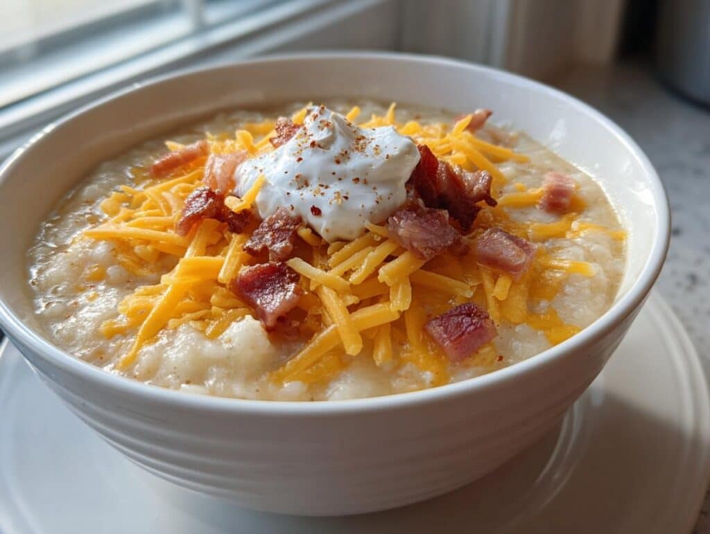A comforting bowl of Crockpot Potato Soup topped with cheese, bacon, and sour cream.