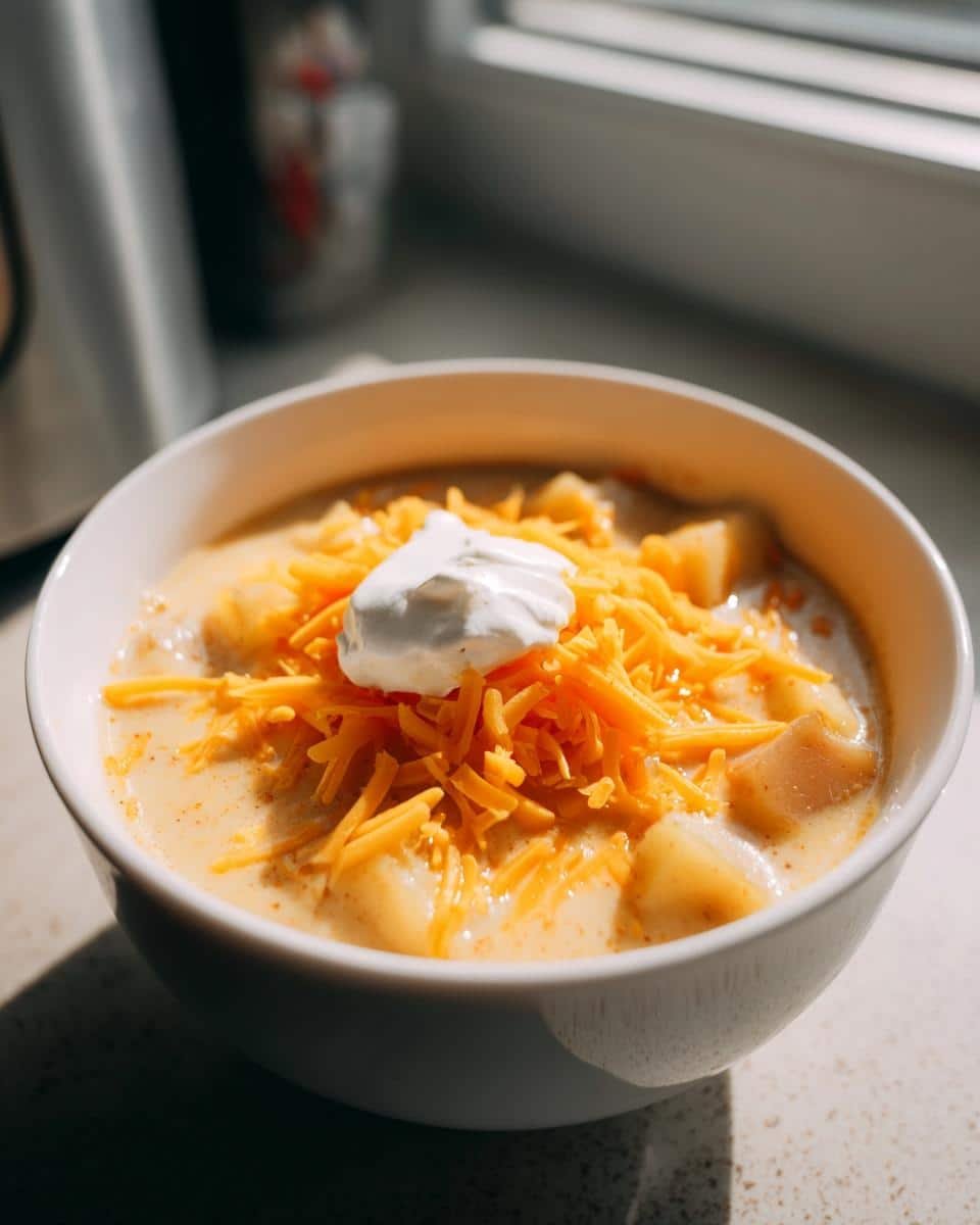 Crockpot Potato Soup: Grandma's Comforting Recipe 6 A bowl of creamy Crockpot Potato Soup topped with shredded cheese and a dollop of sour cream.