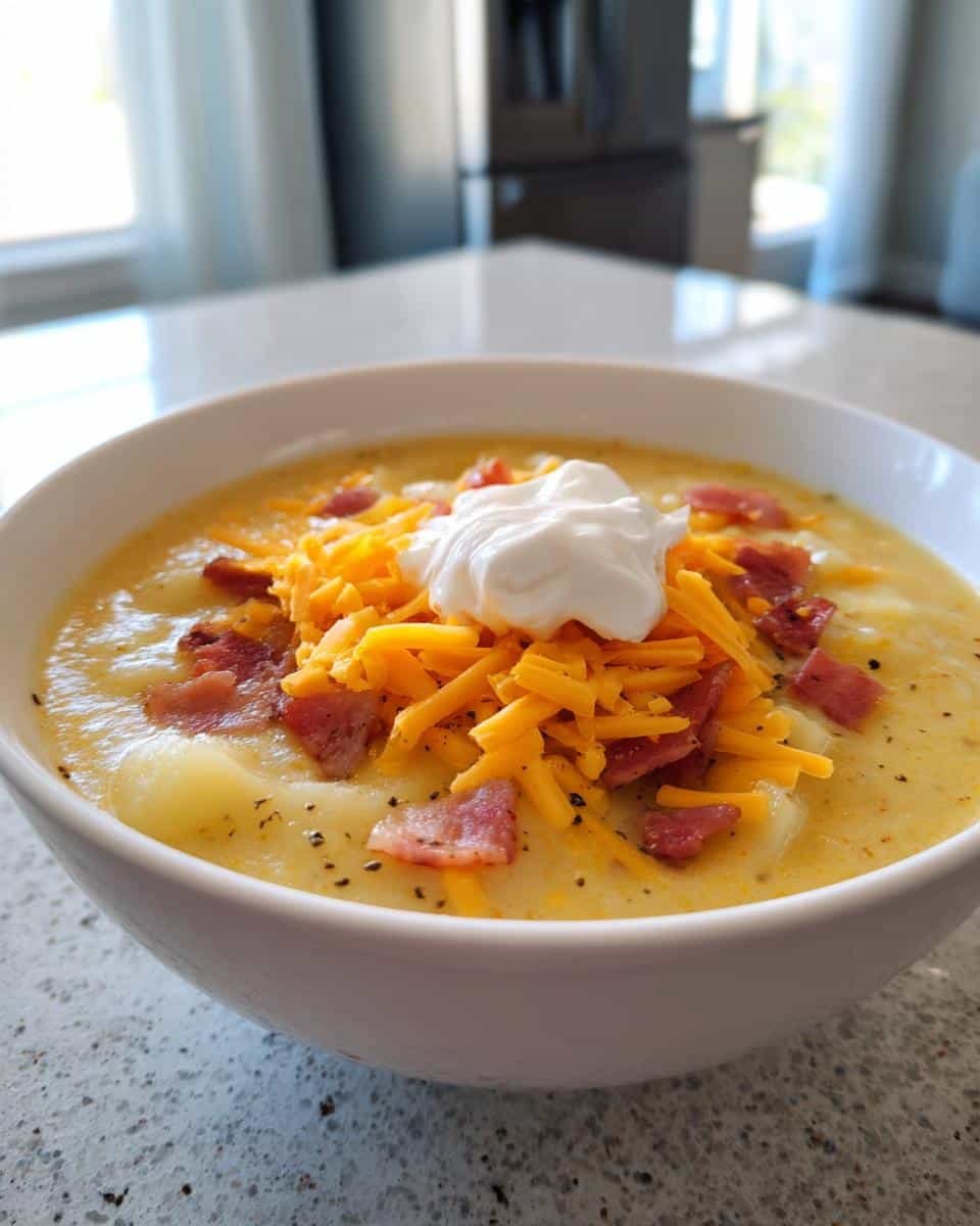 Crockpot Potato Soup: Grandma's Comforting Recipe 7 A bowl of creamy Crockpot Potato Soup topped with cheese, bacon, and sour cream.