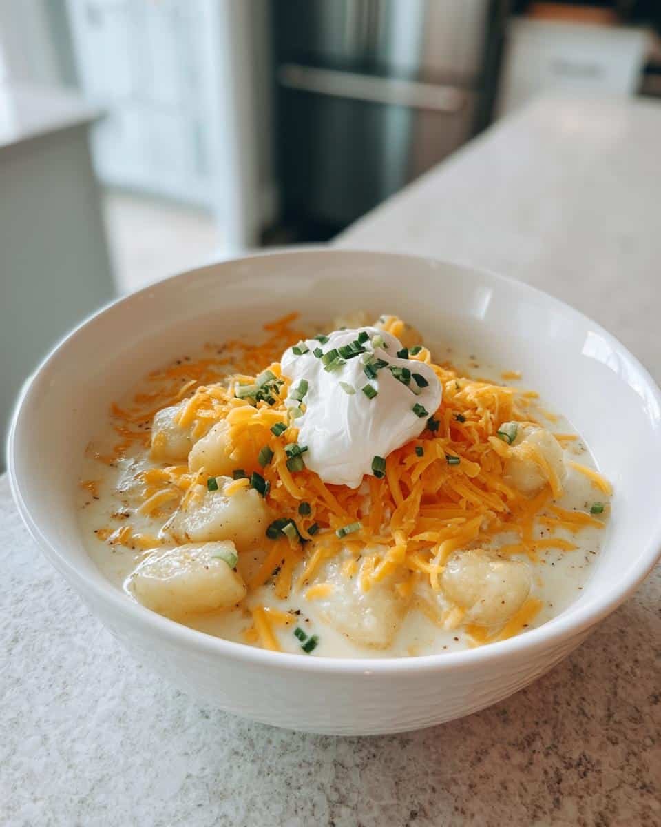 Crockpot Potato Soup: Grandma's Comforting Recipe 8 A bowl of creamy Crockpot Potato Soup topped with shredded cheese, sour cream, and chives.