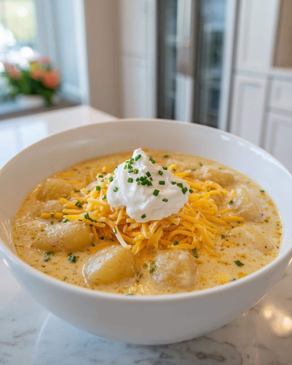 Crockpot Potato Soup: Grandma's Comforting Recipe 9 A bowl of creamy Crockpot Potato Soup topped with shredded cheese, sour cream, and fresh chives.