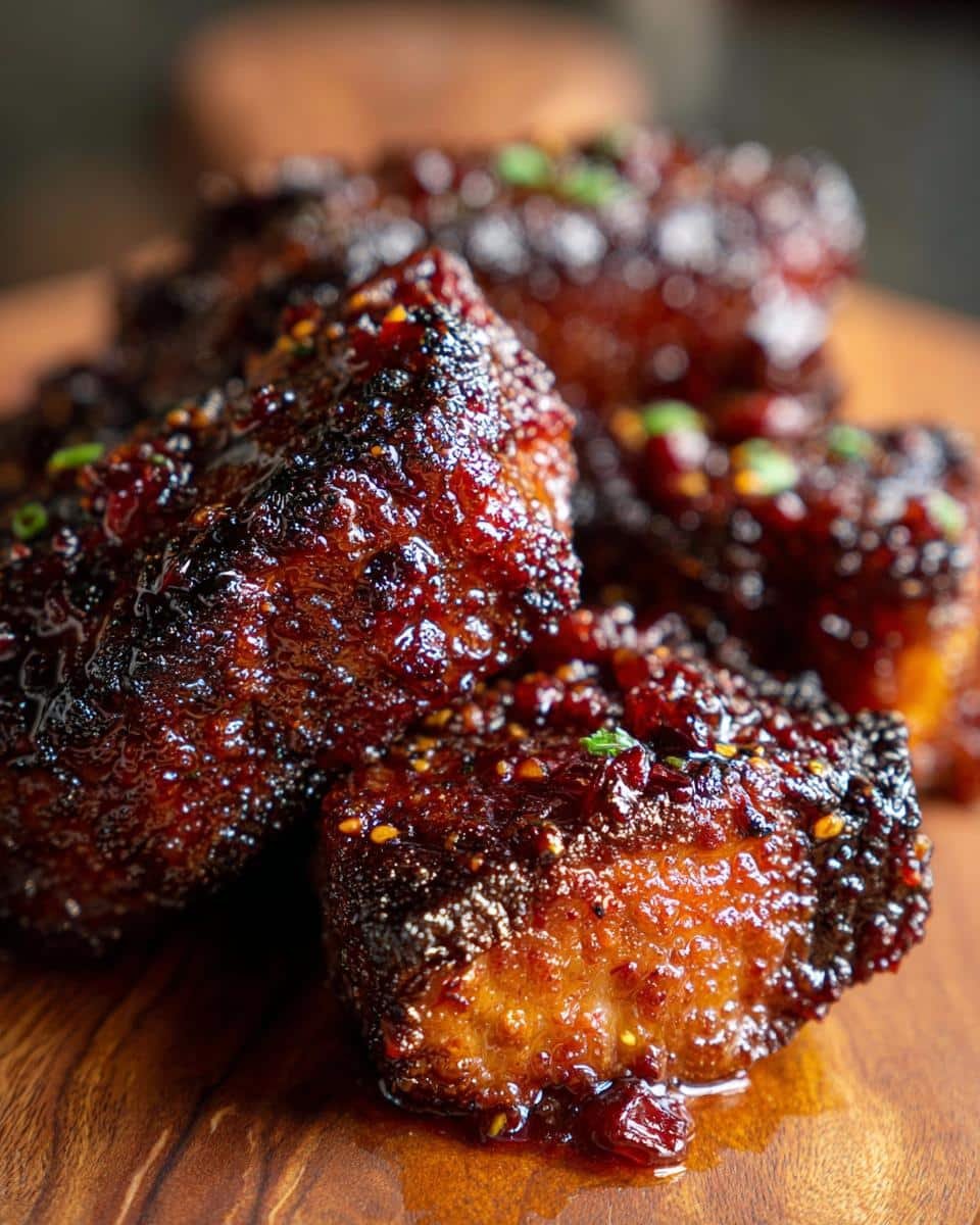 Disgustingly Good Crockpot Steak Bites in Only 8 Steps 6 Close-up of glazed Crockpot Steak Bites on a wooden board, garnished with herbs.