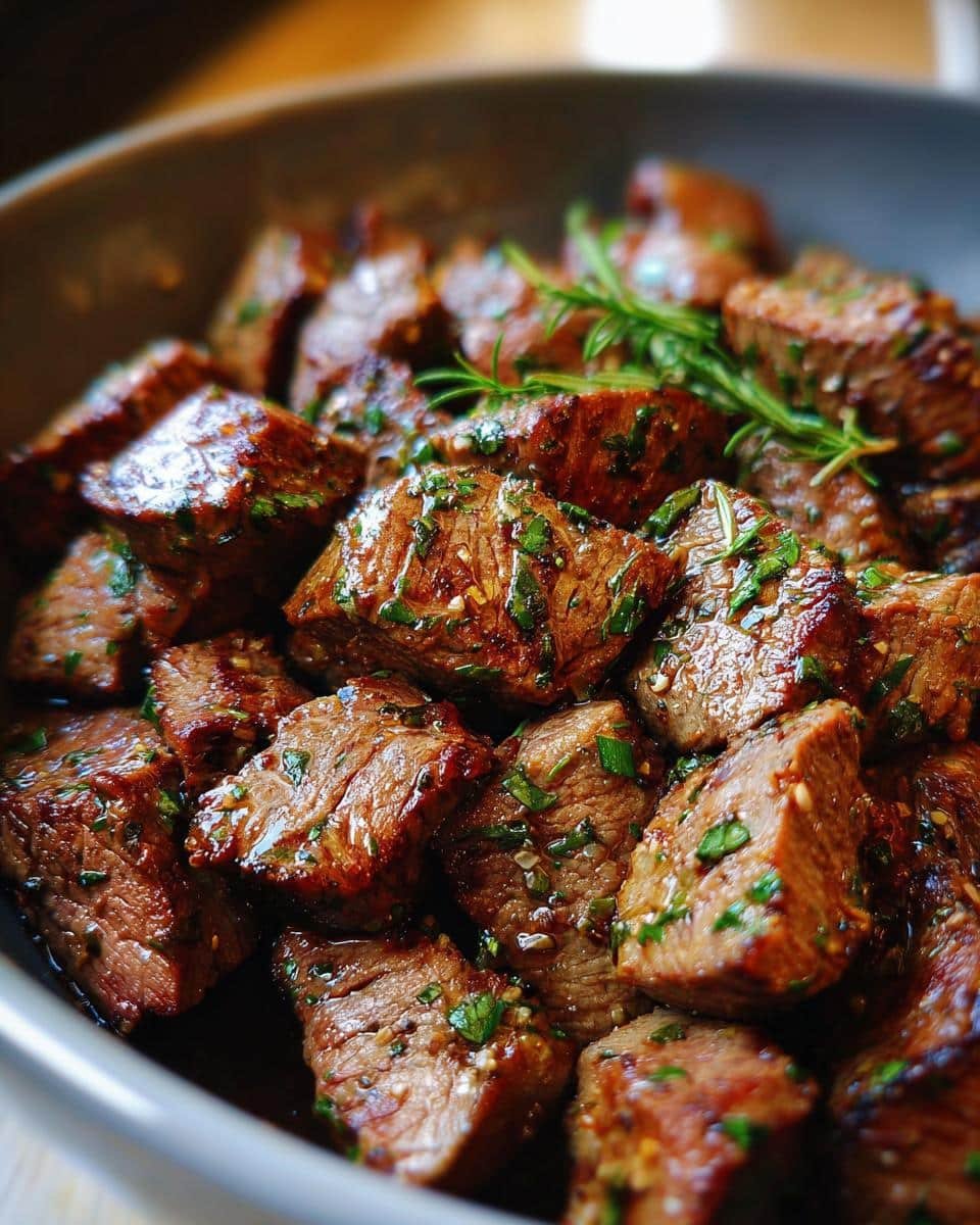 Disgustingly Good Crockpot Steak Bites in Only 8 Steps 7 Close-up of juicy Crockpot Steak Bites in a bowl, garnished with fresh rosemary and herbs.