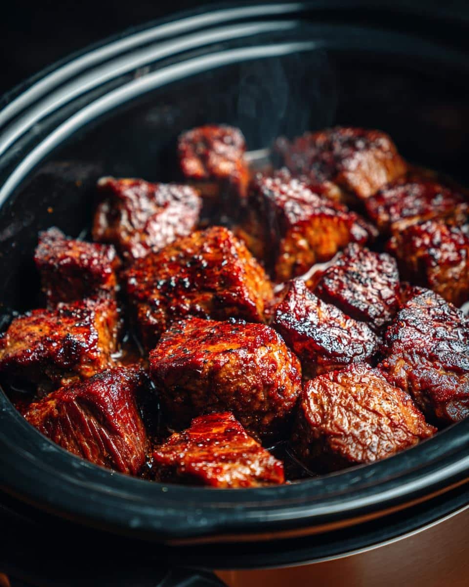 Disgustingly Good Crockpot Steak Bites in Only 8 Steps 9 Close-up of juicy Crockpot Steak Bites simmering in a slow cooker, coated in a rich sauce.