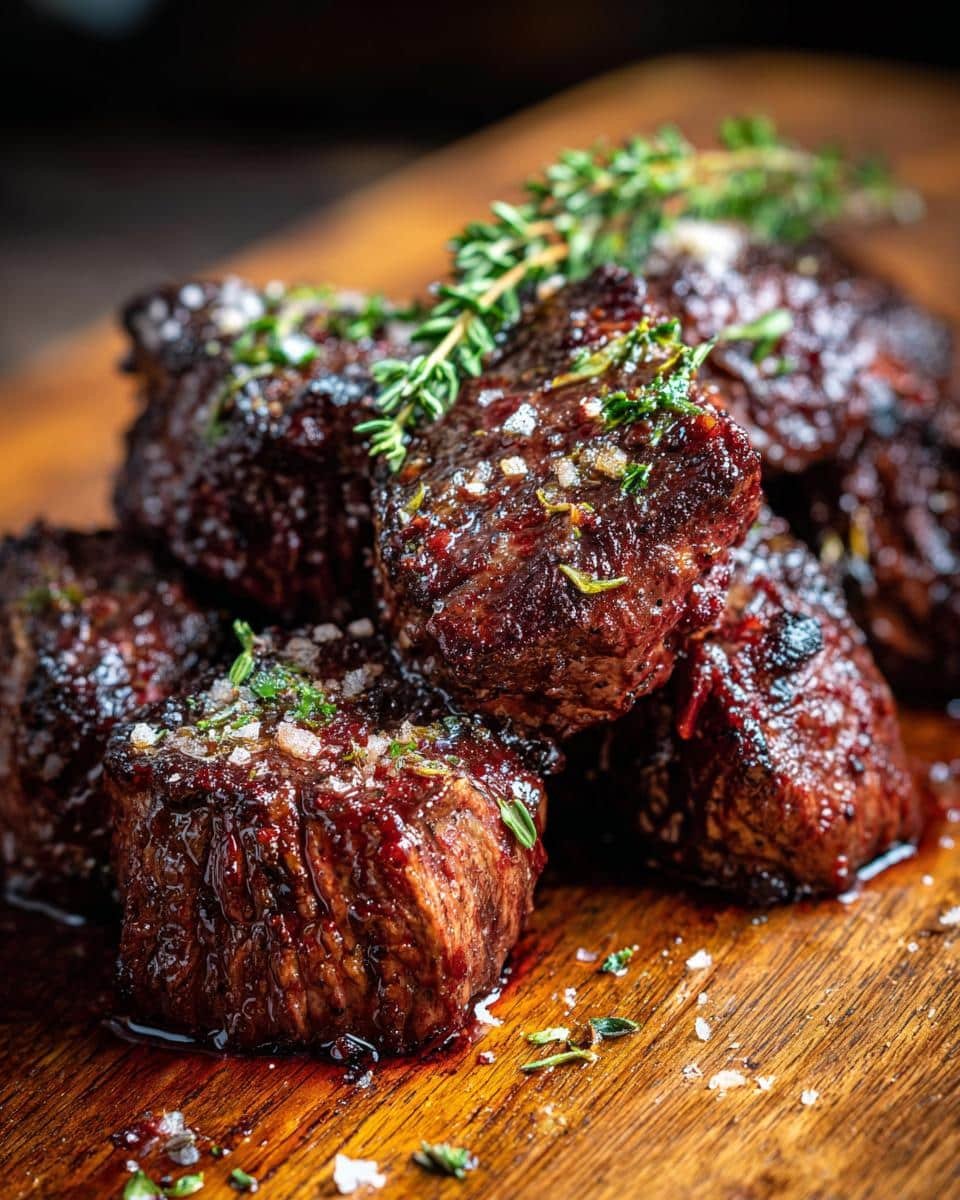 Disgustingly Good Crockpot Steak Bites in Only 8 Steps 8 Close-up of juicy Crockpot Steak Bites seasoned with herbs and salt, presented on a wooden board.