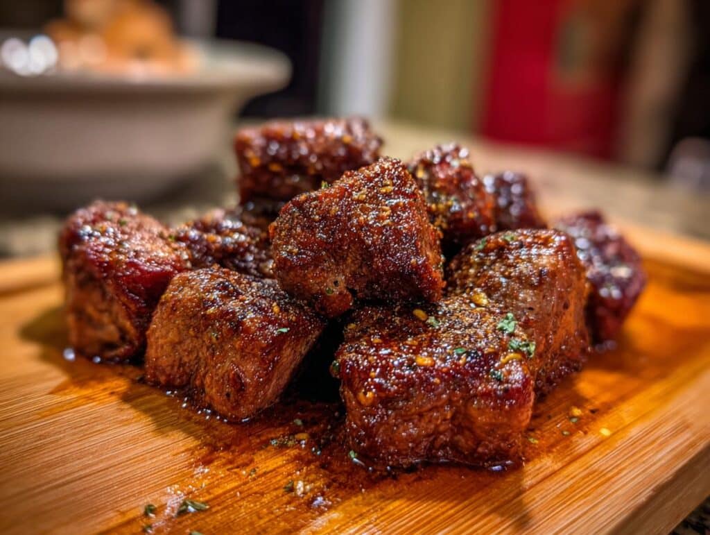 A pile of juicy Crockpot Steak Bites, seasoned and glistening, served on a wooden board.