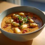 A bowl of creamy Dairy-Free Sun Dried Tomato Gnocchi Soup, garnished with fresh herbs and sun-dried tomatoes.