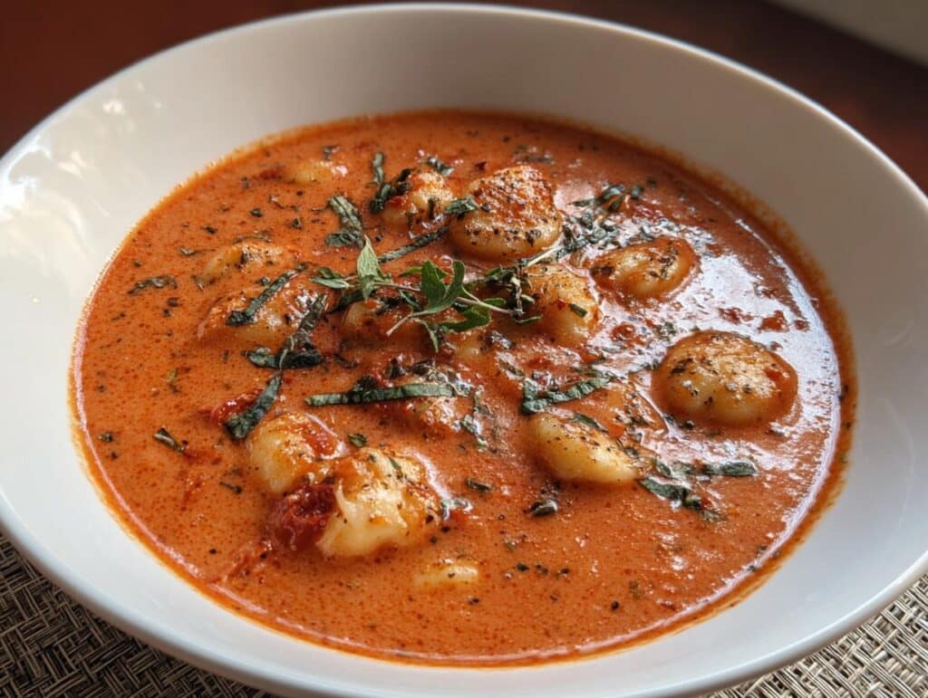 A bowl of creamy Dairy-Free Sun Dried Tomato Gnocchi Soup, garnished with fresh herbs.