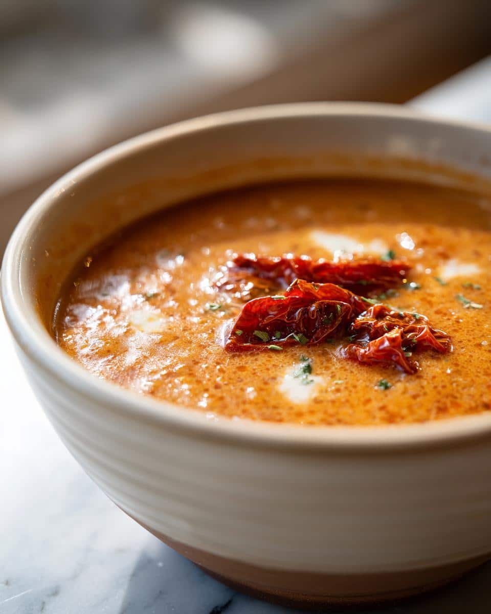 Astonishing Dairy-Free Sun Dried Tomato Gnocchi Soup in 30 7 Close-up of a bowl of Dairy-Free Sun Dried Tomato Gnocchi Soup, garnished with sun-dried tomatoes and herbs.