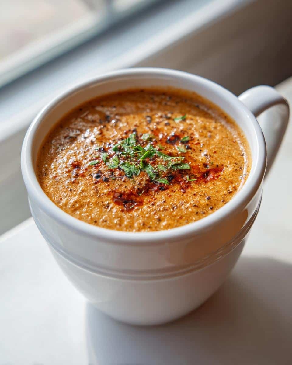 Astonishing Dairy-Free Sun Dried Tomato Gnocchi Soup in 30 9 Close-up of Dairy-Free Sun Dried Tomato Gnocchi Soup in a white mug, garnished with herbs.