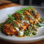 Close-up of sliced Dill Pickle Parmesan Chicken on a plate, topped with fresh dill and sauce.