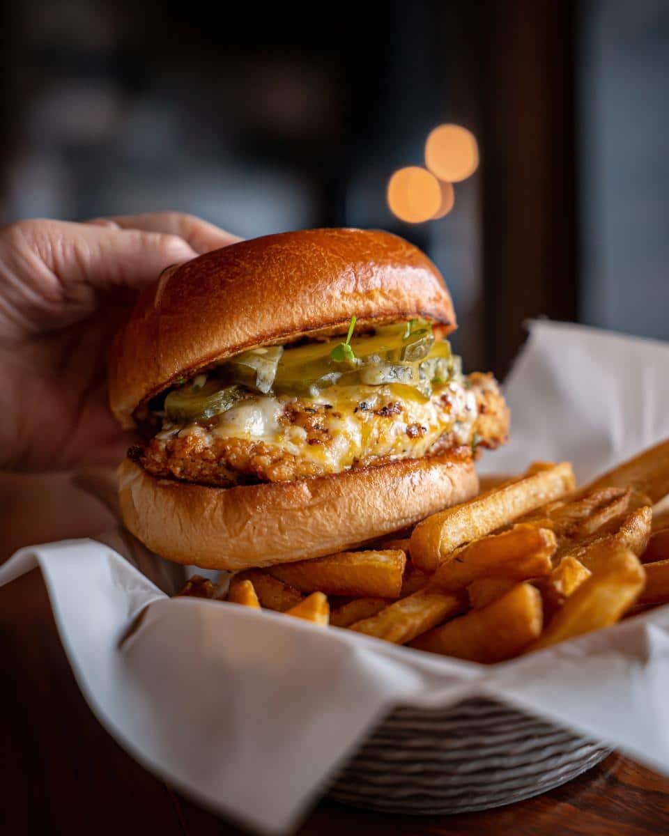 Dill Pickle Parmesan Chicken: 25-Minute Flavor Bomb 9 A hand holds a Dill Pickle Parmesan Chicken sandwich topped with pickles and cheese, served with fries.