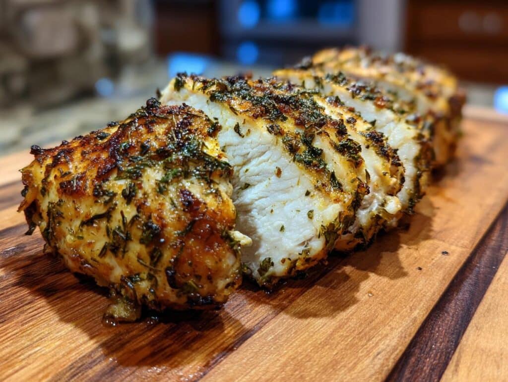 Close-up of sliced Dill Pickle Parmesan Chicken breast on a wooden cutting board, showing the juicy interior and herb crust.