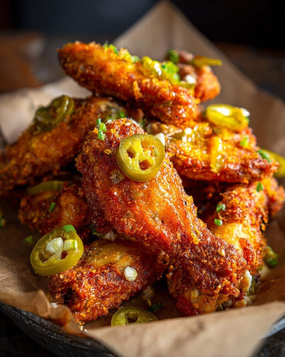 Dill Pickle Parmesan Chicken: 25-Minute Flavor Bomb 8 A platter of crispy Dill Pickle Parmesan Chicken wings, garnished with sliced jalapeños and fresh herbs.