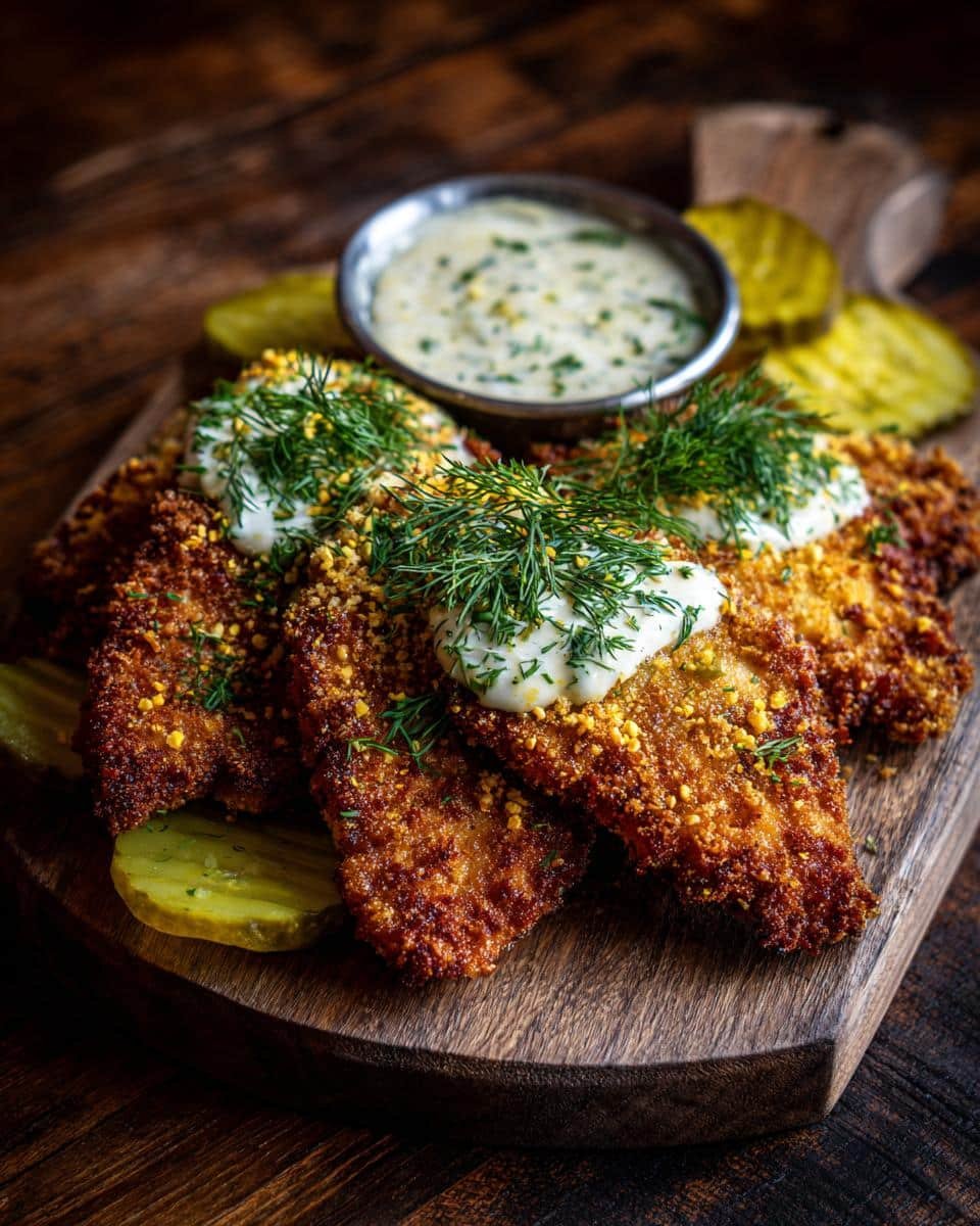 Dill Pickle Parmesan Chicken: 25-Minute Flavor Bomb 6 Crispy Dill Pickle Parmesan Chicken served with dill sauce and pickle slices on a wooden board.
