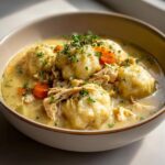 A bowl of creamy Easy Chicken and Dumplings, garnished with fresh herbs and visible carrots.