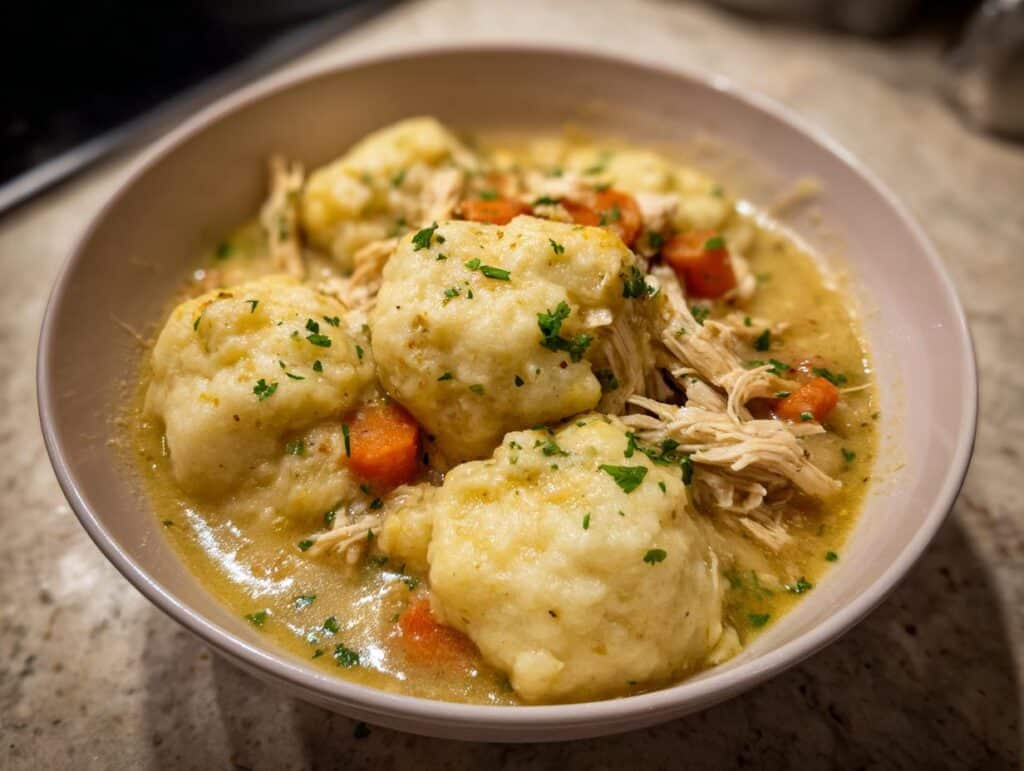 A bowl of homemade Easy Chicken and Dumplings, featuring tender chicken, soft dumplings, carrots, and a creamy broth.