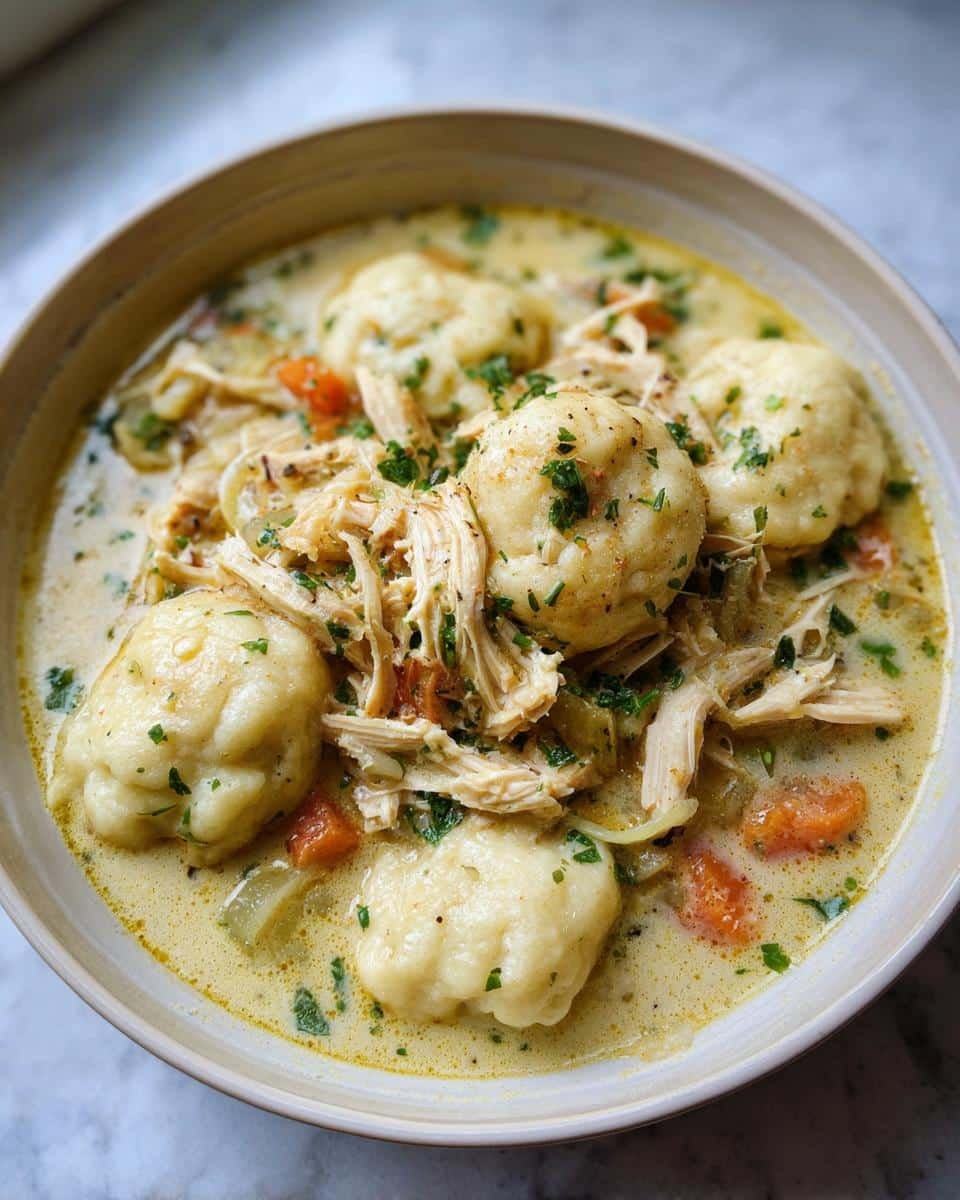 Easy Chicken and Dumplings: Grandma's Recipe in 30 Min 7 A comforting bowl of Easy Chicken and Dumplings, featuring tender chicken, soft dumplings, and a creamy broth.