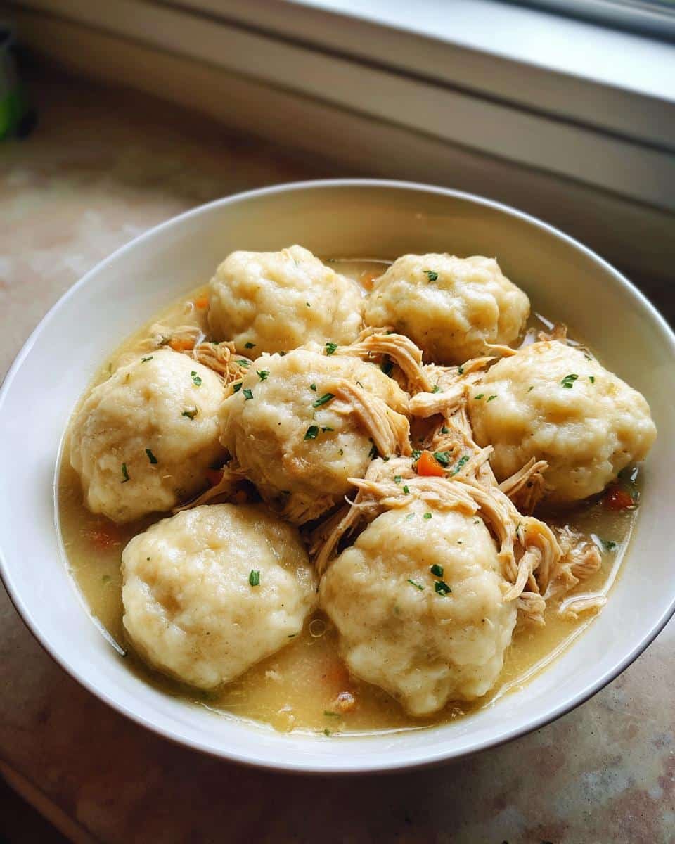 Easy Chicken and Dumplings: Grandma's Recipe in 30 Min 9 A bowl of Easy Chicken and Dumplings, featuring fluffy dumplings, shredded chicken, and a light broth, garnished with parsley.