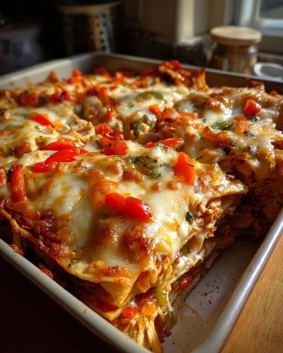 Easy Chicken Fajita Casserole Recipe: 7-Ingredient Bliss 6 Baked Easy Chicken Fajita Casserole in a square baking dish, topped with melted cheese and colorful fajita vegetables.