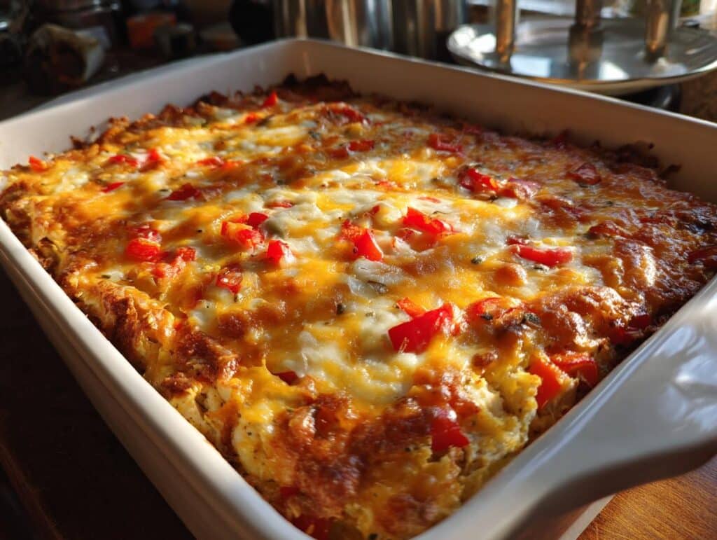 Baked Easy Chicken Fajita Casserole in a white dish, topped with melted cheese and red peppers.