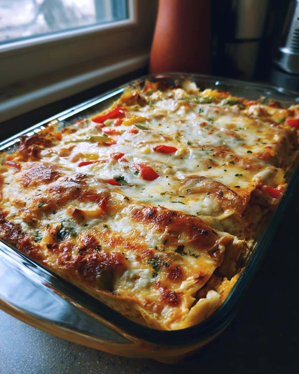Easy Chicken Fajita Casserole Recipe: 7-Ingredient Bliss 7 Overhead view of a freshly baked Easy Chicken Fajita Casserole in a glass baking dish, topped with melted cheese and peppers.