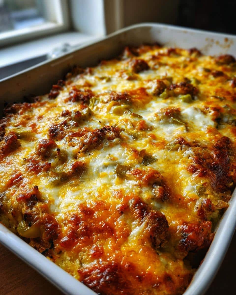 Easy Chicken Fajita Casserole Recipe: 7-Ingredient Bliss 8 Baked Easy Chicken Fajita Casserole in a white dish, topped with melted cheese and visible fajita ingredients.