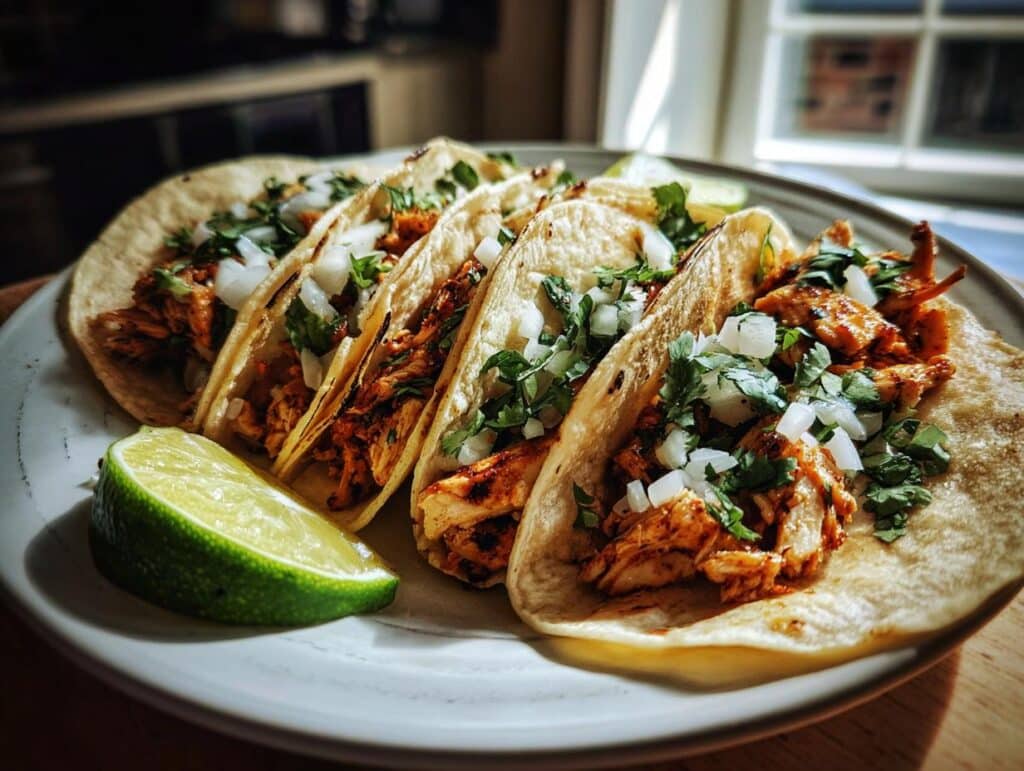 A plate of Easy Chicken Street Tacos topped with onions and cilantro, next to a lime wedge.