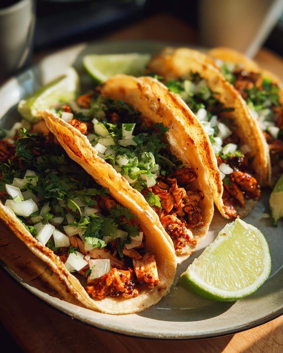 Easy Chicken Street Tacos: Craveable in 20 Minutes 7 Close-up of Easy Chicken Street Tacos topped with cilantro and onion, served with lime wedges.