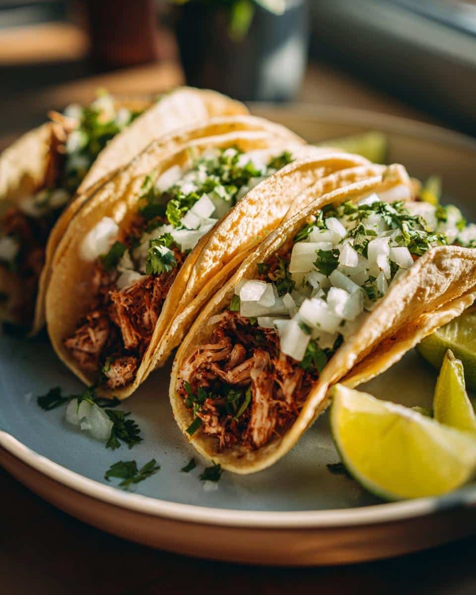 Easy Chicken Street Tacos: Craveable in 20 Minutes 9 Three Easy Chicken Street Tacos on a plate, garnished with onions, cilantro, and lime wedges.