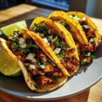 A plate of Easy Chicken Street Tacos topped with onions and cilantro, served with lime wedges.