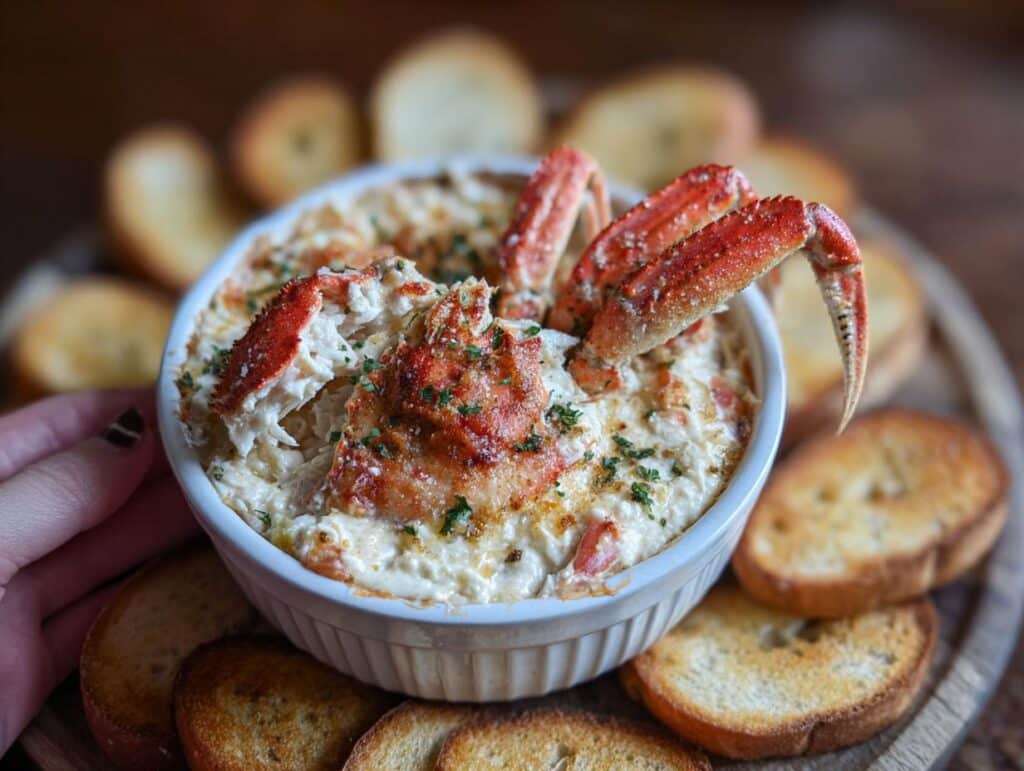 A bowl of easy cold crab dip recipe garnished with crab legs and parsley, surrounded by toasted bread slices.
