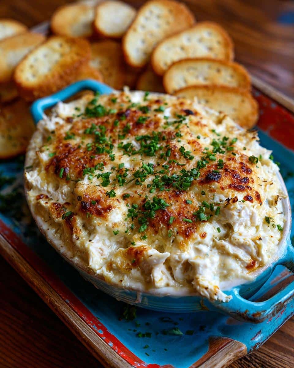 Devour 15-Minute Easy Cold Crab Dip Recipe For Parties 8 Overhead view of Easy Cold Crab Dip Recipe in a blue dish, served with toasted bread slices.