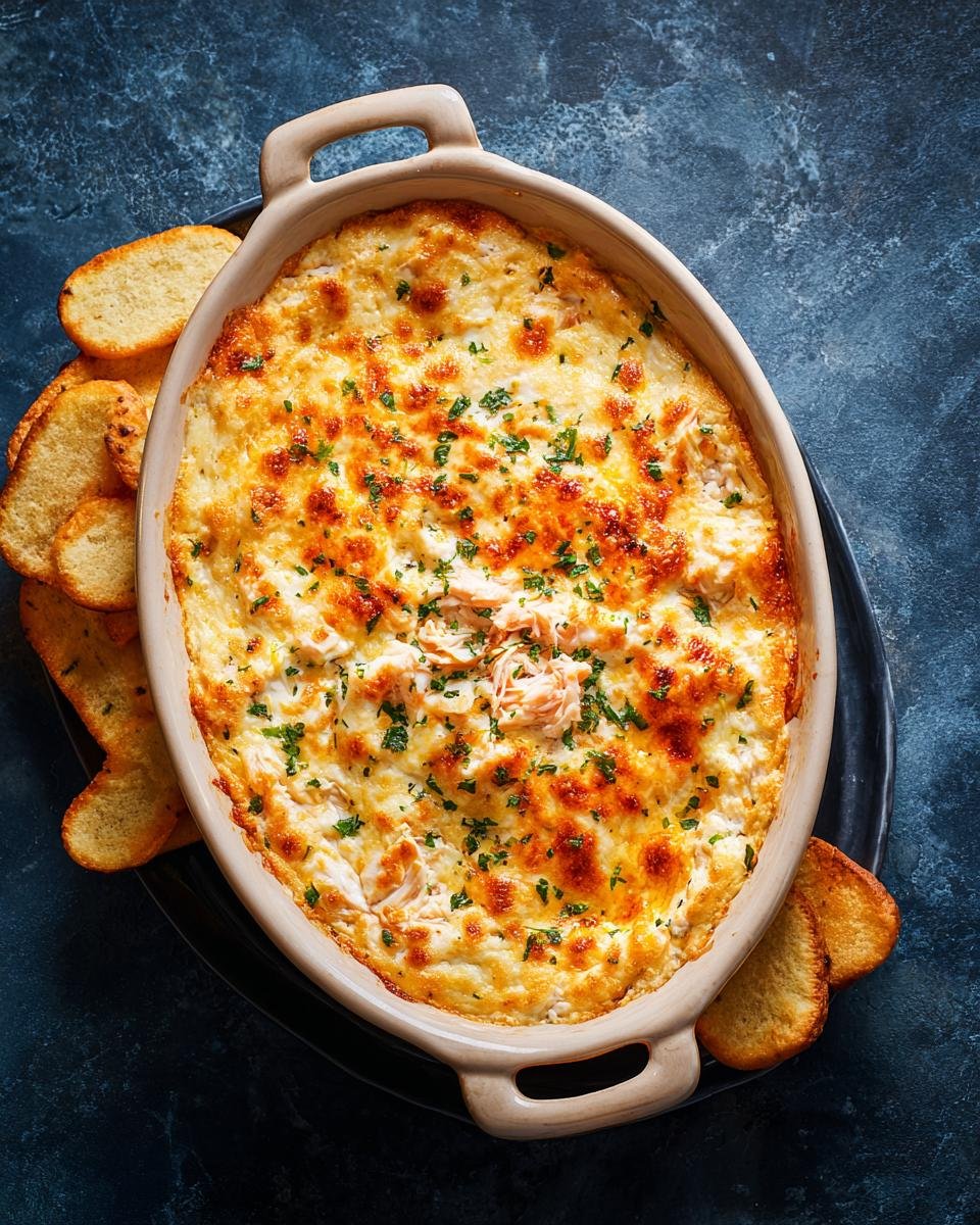 Devour 15-Minute Easy Cold Crab Dip Recipe For Parties 9 Baked Easy Cold Crab Dip Recipe in a dish with bread slices, ready for parties and snacks.