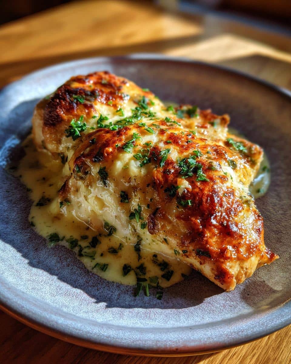 Easy Cream Cheese Chicken: Shockingly Simple, 3 Steps 7 Close-up of Easy Cream Cheese Chicken on a plate, topped with herbs and a creamy sauce.