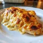 Close-up of Easy Cream Cheese Chicken on a white plate, showcasing the creamy, cheesy topping.