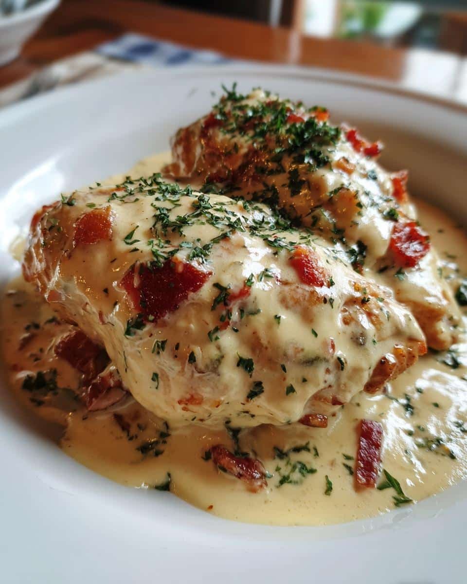 Easy Cream Cheese Chicken: Shockingly Simple, 3 Steps 9 Two pieces of Easy Cream Cheese Chicken on a white plate, topped with bacon and parsley.