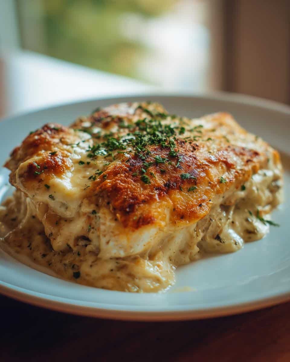 Easy Cream Cheese Chicken: Shockingly Simple, 3 Steps 8 A serving of Easy Cream Cheese Chicken bake, featuring golden-brown chicken and creamy sauce, garnished with herbs.