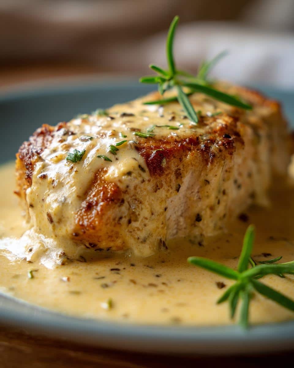 Easy Cream Cheese Chicken: Shockingly Simple, 3 Steps 6 Close-up of Easy Cream Cheese Chicken breast with creamy sauce and rosemary garnish on a blue plate.
