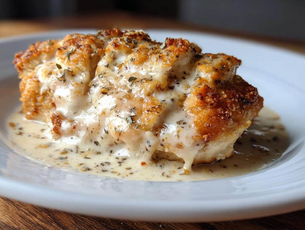 A serving of Easy Cream Cheese Chicken on a white plate, topped with a creamy sauce and herbs.