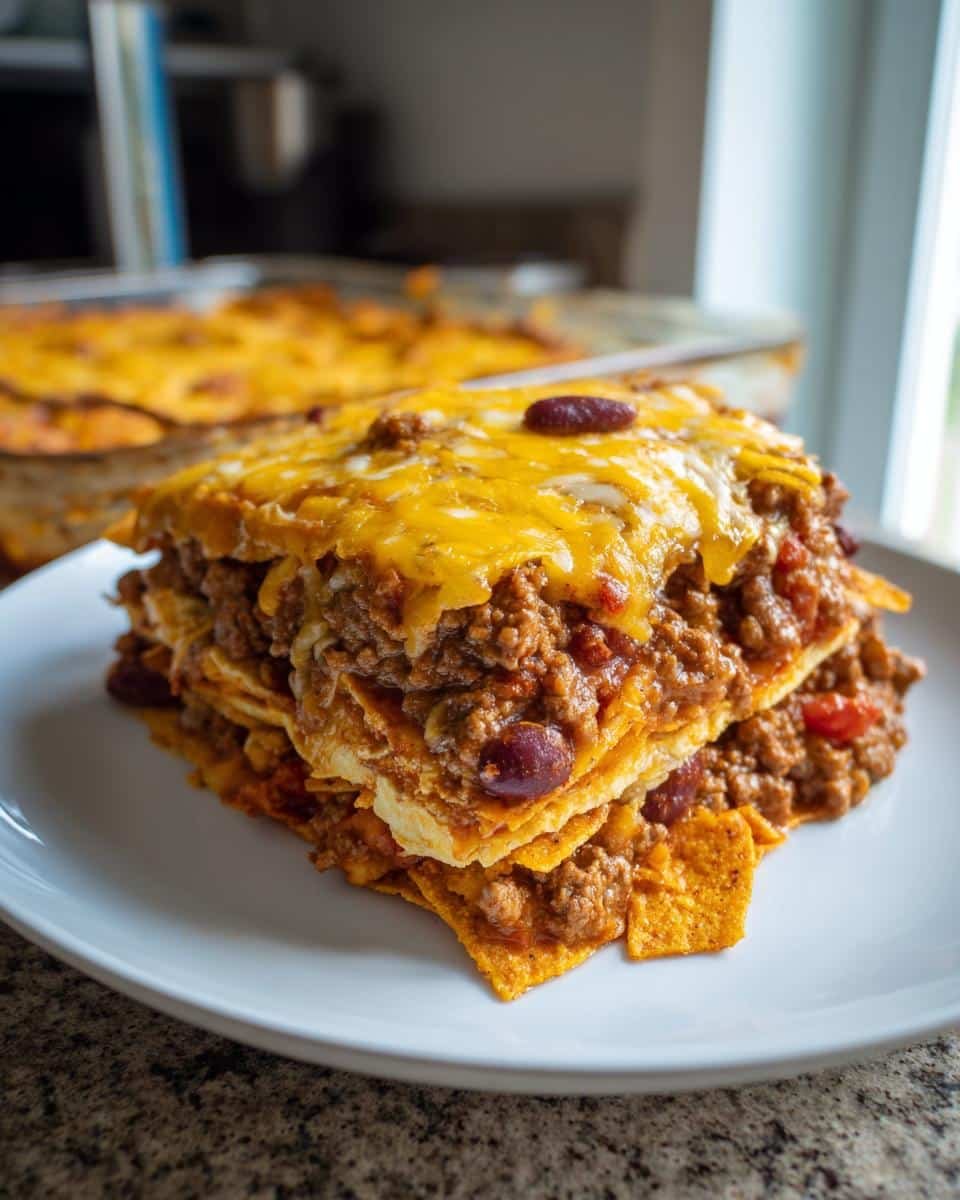 Devour 4-Layer Easy Doritos Casserole Recipe Tonight 6 A slice of Easy Doritos Casserole Recipe showing layers of Doritos, meat, cheese, and beans on a white plate.