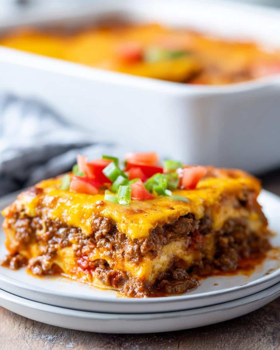 Devour 4-Layer Easy Doritos Casserole Recipe Tonight 7 A slice of Easy Doritos Casserole Recipe, topped with tomatoes and green onions, sits on a white plate.
