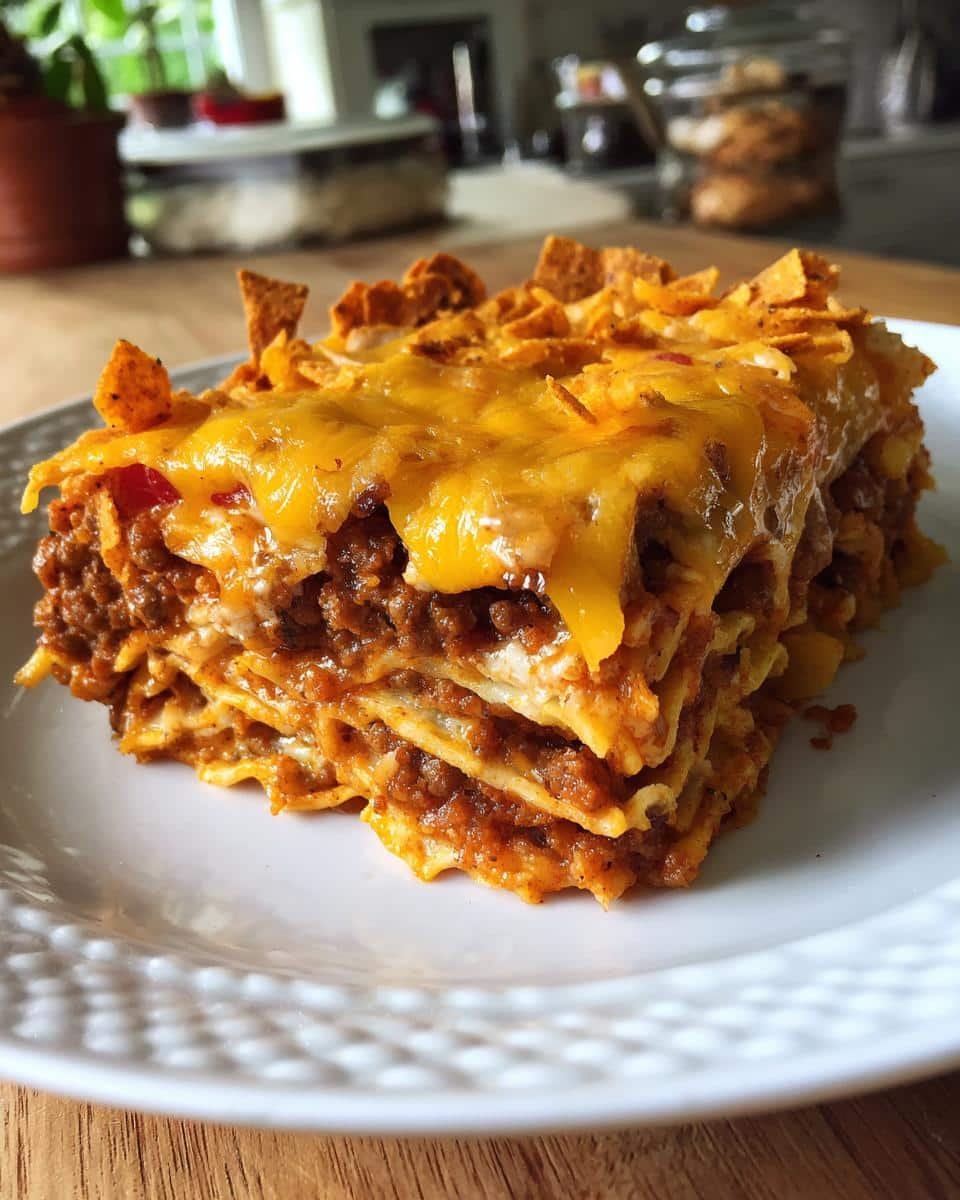 Devour 4-Layer Easy Doritos Casserole Recipe Tonight 8 A slice of cheesy, layered Easy Doritos Casserole Recipe with ground beef, beans, and Doritos on a white plate.