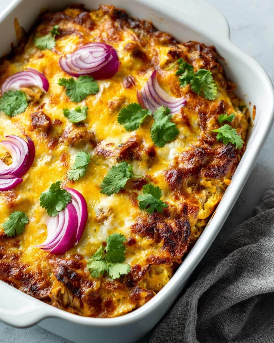 Easy Keto BBQ Chicken Casserole Recipe: 5-Star Comfort 6 Overhead view of Easy Keto BBQ Chicken Casserole with melted cheese, red onion, and cilantro in a white baking dish.