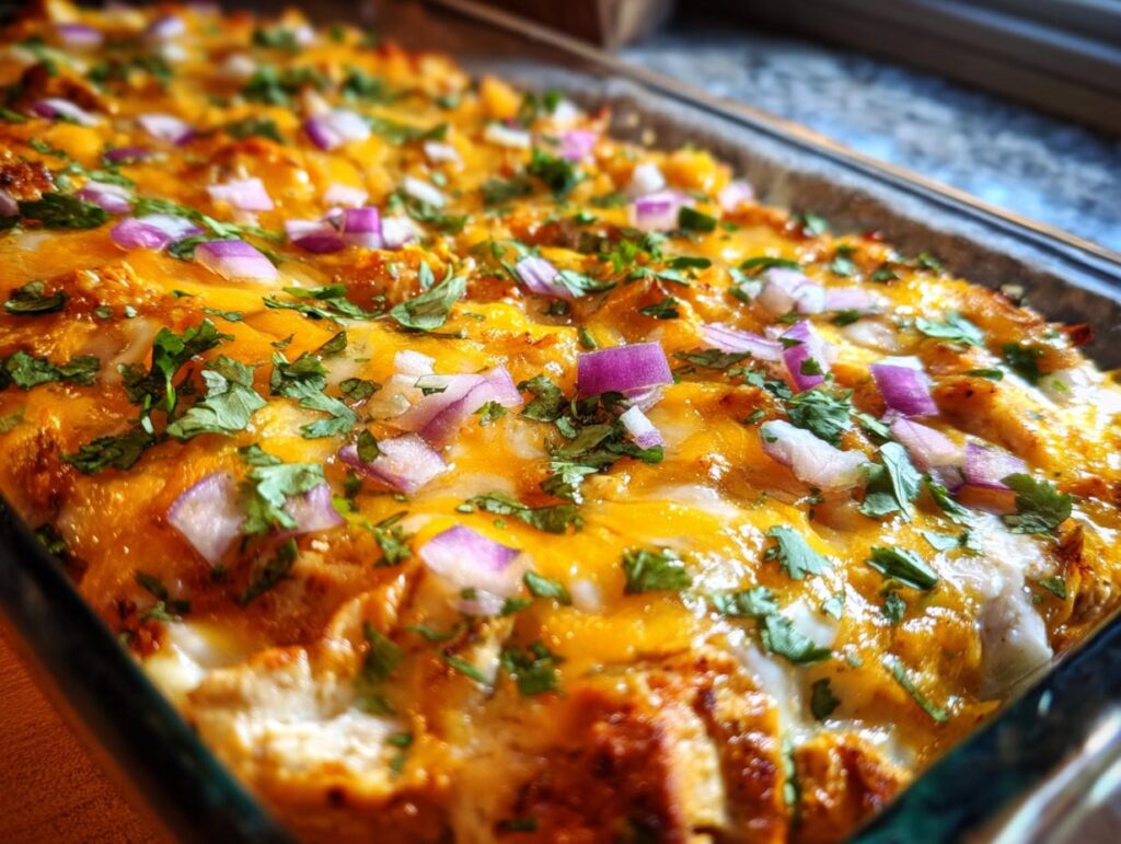 Overhead view of a baked Easy Keto BBQ Chicken Casserole, topped with cheese, red onions, and cilantro.
